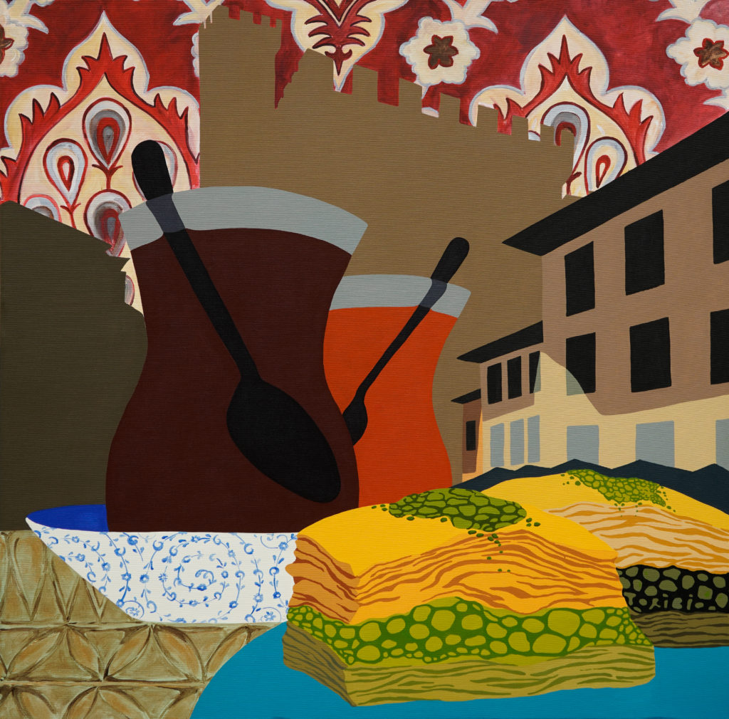 Immagine dell'artista Sofía Toribio.
"BAKLAVA E TE NERO CON VISTA AL BARGELLO"
Acrilico su tela / 80 x 80 cm / Firenze - 2025 /
"Il baklava con la sua storia è presente in tante culture del mondo islamico e non solo. In questa pittura è accompagnato dal tipico caffè turco. La vista del Museo del Bargello non è casuale. In questo museo troviamo una delle più importanti collezioni d'arte islamica in Italia. Da questa collezione parte l'ispirazione dell'artista per i pattern della composizione.